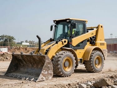 A yellow skid steer loader moving gravel on an active construction site, operator in high-vis vest and hard hat visible, bright daylight.
