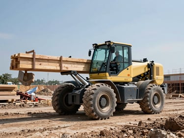 A heavy-duty rough-terrain telehandler operating on a muddy construction site, carrying a load of timber, operator wearing correct PPE, high-contrast daylight.