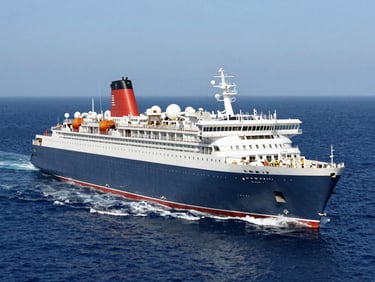 A grand ocean liner cutting through deep blue sea, wide shot showing majestic scale, bright daylight