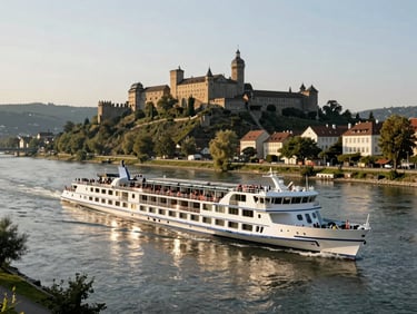 A sleek river cruise ship sailing along a winding European river, historic hillside castles in the background, warm afternoon light