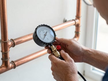 Close-up of a professional technician's hands using a digital pressure gauge on clean copper piping, bright natural indoor lighting, sharp focus, technical style