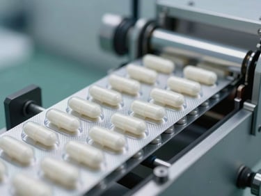 Extreme close-up of automated blister packaging line in a GMP-certified pharmaceutical cleanroom, cool clinical lighting, sharp focus on silver foil and white capsules, sterile environment.