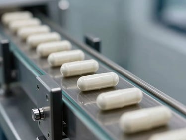 Macro shot of white supplement capsules moving on a clean, automated stainless steel conveyor belt in a clinical GMP-certified facility.