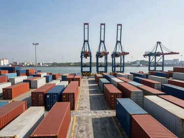 Wide high-contrast daylight shot of neat rows of shipping containers at a deep-water port, massive container cranes in the background under a clear sky