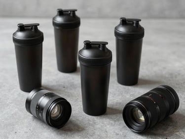 Minimalist layout of heavy-duty matte black shaker bottles and premium fitness accessories on a clean slate-gray industrial surface.