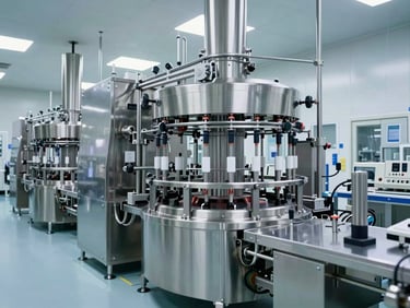 Wide architectural shot of a high-tech pharmaceutical cleanroom with automated bottling lines, clinical stainless steel machinery, bright cool lighting.