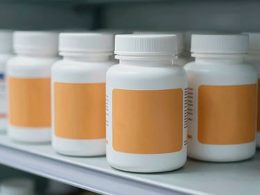 Close-up of clean, white plastic supplement tubs with minimalist orange labels stacked neatly on a clinical metal shelf, bright cool lighting.
