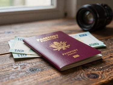 Primer plano de un pasaporte abierto y billetes de avión sobre una mesa de madera rústica, iluminados por luz natural suave de una ventana.