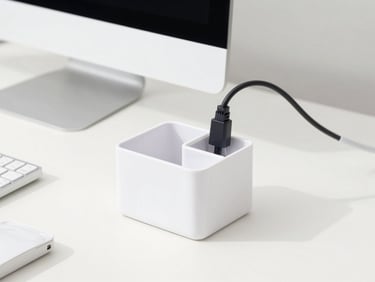 Bright high-key product photography of a clean minimalist desk setup with a smart cable organizer neatly holding wires, crisp natural light, sharp focus, 50mm lens