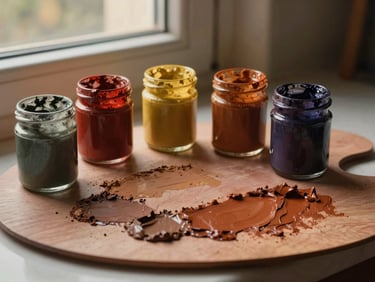 A close-up flat lay of raw earth pigments in glass jars, a wooden palette smeared with rich umber and sienna oil paints, warm golden-hour window light, highly textured.