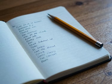 Handwritten lyric notebook open on a wooden desk, a pencil resting on it, with soft blue studio lighting, macro shot, 35mm film grain.
