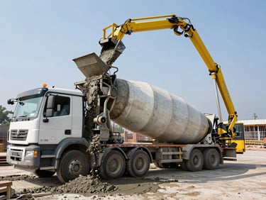 Wide-angle editorial photography of a large concrete mixer truck pouring fresh concrete into a yellow boom pump hopper on a sunny morning construction site, rich textures of wet cement and steel.