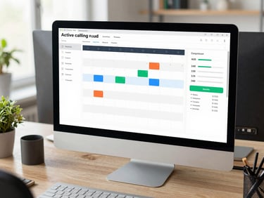 Tight functional desktop flat-lay of a modern CRM dashboard displaying active calling hours, calendar slots, and transparent billing metrics under bright office light.