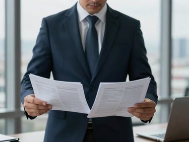 Primer plano de un abogado corporativo analizando folios financieros detallados en una oficina de Bogotá, luz diurna fría y difusa, bolígrafo de precisión sobre papel satinado, tonos azulados y grises, enfoque nítido, 35mm