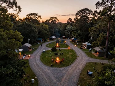 An aerial view of a beautifully organized campground at sunset, neat gravel roads, glowing campfires, and towering trees, rich natural tones.