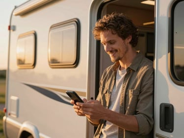 A guest in an RV cabin smiling while looking at a check-in confirmation on their smartphone, warm golden hour light, shallow depth of field.
