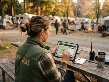 Over-the-shoulder shot of a camp host using a tablet outdoors during golden hour, warm lighting, campground in the background, 35mm photography.