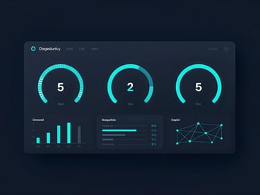 High-fidelity UI mockup of a node-based cognitive assessment interface with electric cyan progress meters and network graphs, dark midnight blue background, cool crisp lighting