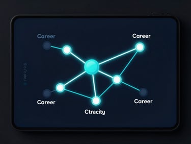 High-fidelity UI mockup of a career trajectory node graph on a dark screen, glowing electric cyan connections, deep midnight blue background, landscape aspect