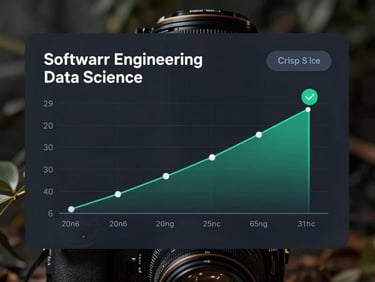 Crisp UI mockup of a career trajectory chart comparing software engineering and data science, showing starting salaries, growth curves, and mentor validation checkmarks, cool-toned dark mode interface