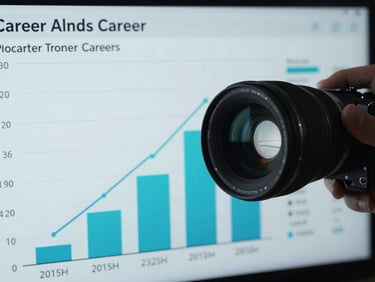 High-contrast data visualization chart showing career trajectory growth paths, earning potential curves, and skill alignment scores, crisp cool lighting, electric cyan accents