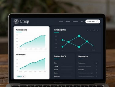 Crisp UI mockup of a college application dashboard on a dark screen, showing admission probability charts, tuition ROI graphs, and cyan node lines connecting majors to careers.
