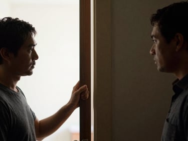Panoramic film still from a narrative short: two figures separated by a doorframe, one in harsh backlight, one in deep shadow, the threshold between them holding the visual tension — the cut point the whole film builds toward