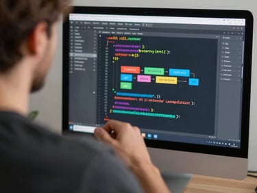 Captura sobre el hombro enfocando código de interacción y diagramas de estados en una pantalla de diseño.
