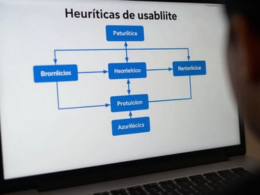 Captura de pantalla limpia de una clase de heurísticas de usabilidad con diagramas de flujo y anotaciones técnicas en azul eléctrico.