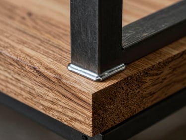 Macro close-up of a seamless, perfectly welded corner joint of a black metalon steel frame, meeting a thick slab of textured angelim hardwood, dramatic workshop lighting highlighting the grain.