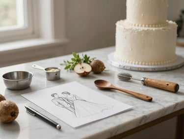 Artisanal baking tools, a sketch of a modern wedding cake, and fresh organic ingredients arranged on a clean marble counter, soft side-lit daylight