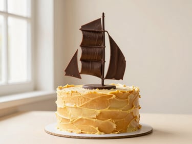 A vibrant double-height birthday cake with textured amber buttercream and sculptural chocolate sails on a cream background.