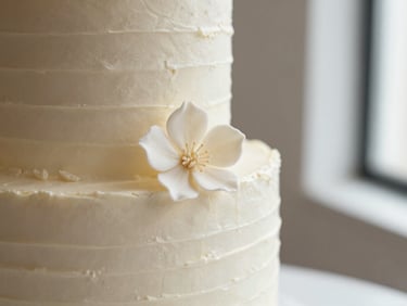 Close-up of a modern wedding cake with structural buttercream ridges, decorated with a single delicate handmade sugar flower, soft side lighting.