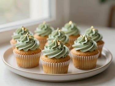 An elegant arrangement of artisanal cupcakes with piped sage-green buttercream and gold leaf accents on a minimalist ceramic platter.