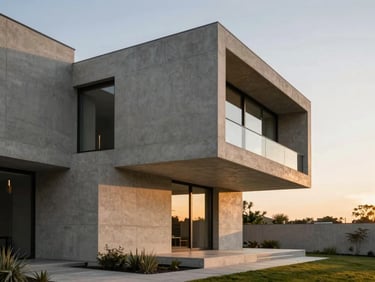 Cinematic architectural photography of a modern luxury concrete villa at sunset, clean geometric lines, high-end editorial style