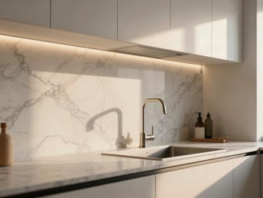 Crisp architectural detail of a high-end residential kitchen, modern marble countertops, soft environmental lighting, sharp focus, technical precision, high-end editorial style.
