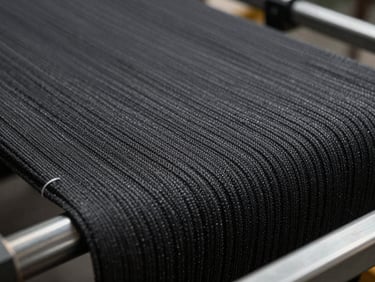 Extreme close-up of industrial textile fabric weave on a steel production frame, studio strobe light raking across the surface to reveal texture and thread structure, deep charcoal tones with sharp material detail