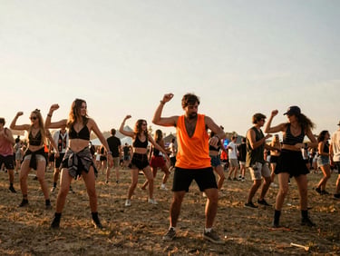 Candid wide-angle shot of a group of friends dancing at an outdoor electronic music festival, sunset light, warm earthy tones with vibrant orange accents, dynamic motion blur, 35mm film look.