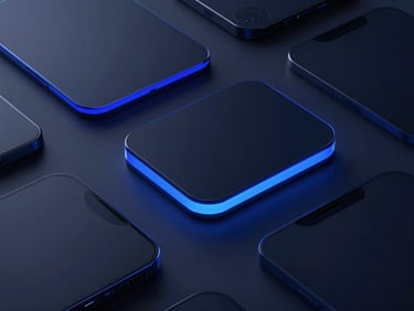 Close-up of clean dark-mode digital interfaces on physical screens, glowing blue glassmorphic accents, low-key dramatic studio lighting, sleek 3D render style