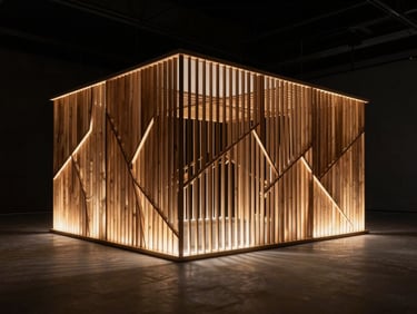 Symmetrical minimalist pavilion with complex parametric wooden slats, warm dramatic uplighting, high contrast shadows, architectural photography, sharp focus