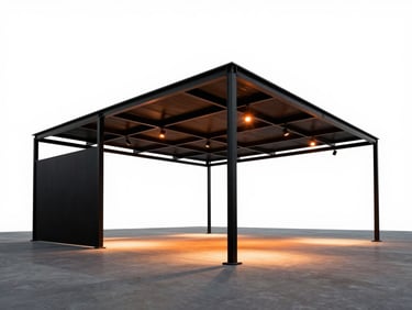 High-contrast architectural photography of a minimalist black steel exhibition pavilion, dramatic orange spotlights, sharp geometry, professional exhibition setup, 35mm