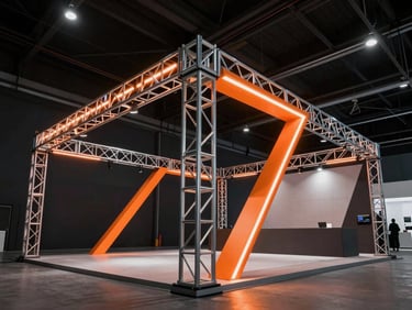 Industrial-chic exhibition stand with raw aluminum trusses, glowing orange linear light strips, sharp architectural angles, wide-angle lens, 35mm