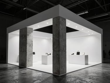 Dramatic exhibition stand for a luxury fashion brand under theatrical lighting, clean white surfaces contrasting with raw concrete textures, sharp focus, architectural photography