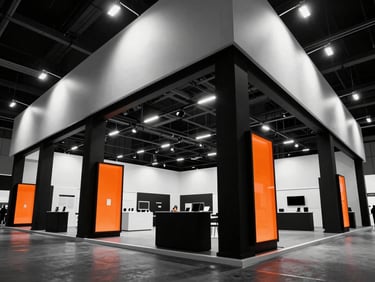 Dramatic wide-angle architectural photography of a high-contrast exhibition stand, sharp industrial-chic aesthetic, stark black and white structures with bright safety orange glowing elements under theatrical exhibition lighting, 35mm.