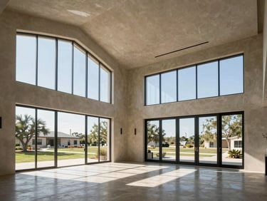 Modern West Texas estate interior with soaring ceilings, polished plaster walls, and natural light streaming through large windows.