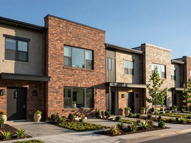 Clean, contemporary townhomes in Midland under a clear blue sky, showing high-quality brick veneer and modern landscaping.