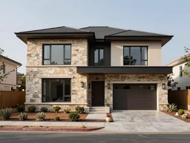 New construction home in Odessa with contemporary stone facade and modern desert landscaping