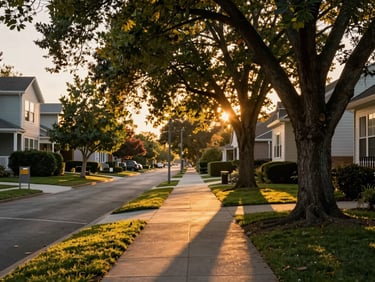 A beautiful residential street in Midland at sunset, lined with mature trees, warm golden light filtering through leaves onto a clean sidewalk.
