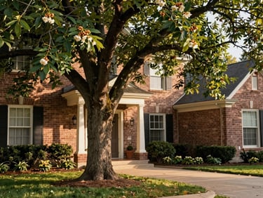 Close-up detail of a mature pecan tree shading an elegant brick home walkway in Midland, soft golden daylight.