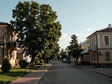 Warm residential street in Odessa with mature trees and manicured lawns under a clear sky